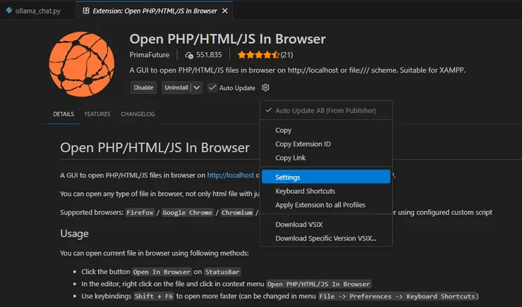 圖三 Open PHP/HTML/JS in browser修改設定位置