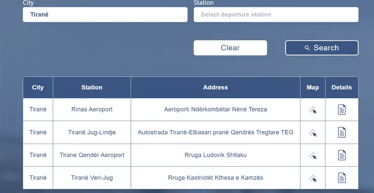 在巴士官網上查詢Tirane會出現的四個站點