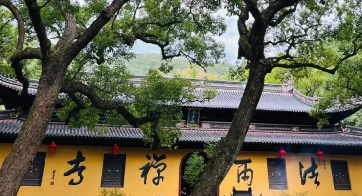 法雨寺這座位於山間的古老寺廟,背景綠樹成蔭,紅燈籠掛在寺廟外牆上,營造出寧靜的宗教氛圍。
