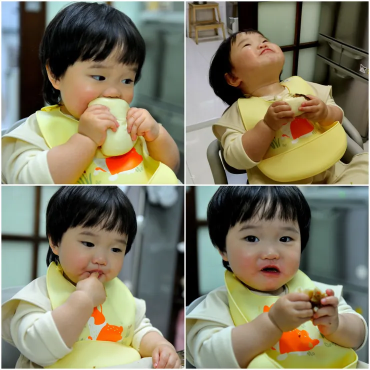 【要吃總急如星火兩老焦頭爛額！奶奶在主婦聯盟買了刈包和漢堡肉，萬萬吃得很開心，左上角起順時鐘，23分鐘一整個吃光光。】