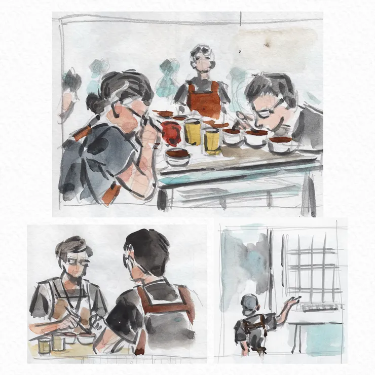 評審們進行破渣，以及主審於投影螢幕進行資料解析的畫面。