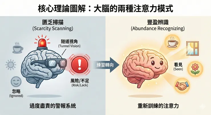 【大腦模式】 視覺化呈現「匱乏」與「豐盈」的差異。左圖是焦慮者的「隧道視角」,大腦自動過濾美好、只鎖定風險;右圖則是透過「神經可塑性」訓練後,視野變寬、能主動捕捉正向訊號的狀態。