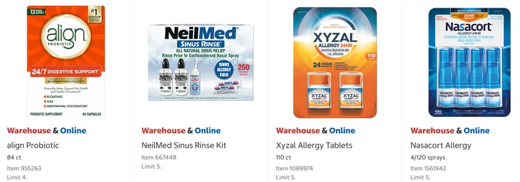 Align 日常益生菌補充劑 $43.99、NeilMed 洗鼻套裝 $22.99、Xyzal 抗敏藥 $31.99、Nasacort 過敏藥 $31.99。