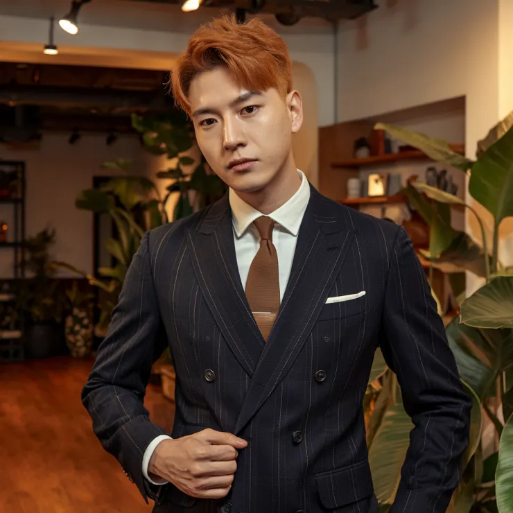 A photo of a Korean male with red hair wearing a Western-style suit with a prominent suit jacket. He has a formal and professional appearance. The background is blurred, with a beige wall and a window with curtains.