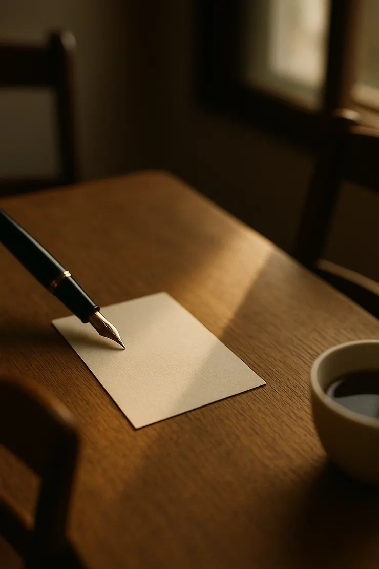 桌心空卡,一筆剛起;對角兩椅相望,窗縫光落成細帶。