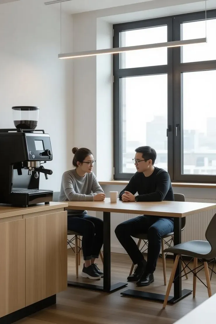 茶水間裡兩名員工小聲交談,背景的咖啡機運作聲突顯辦公室的緊張氛圍。