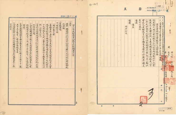 圖7 42年度加強電化教育計劃綱要草案及第2期社會改造運動教育影片攝製及發行計劃 案名：42年總裁批簽 檔號：0042/總裁批簽/001/0002/42-0107 來源機關：社團法人中國國民黨 管有機關：國家發展委員會檔案管理局