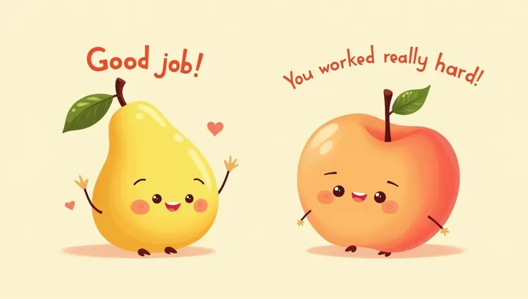 左邊梨子被讚美「你真棒！」，右邊桃子被鼓勵「你好努力！」