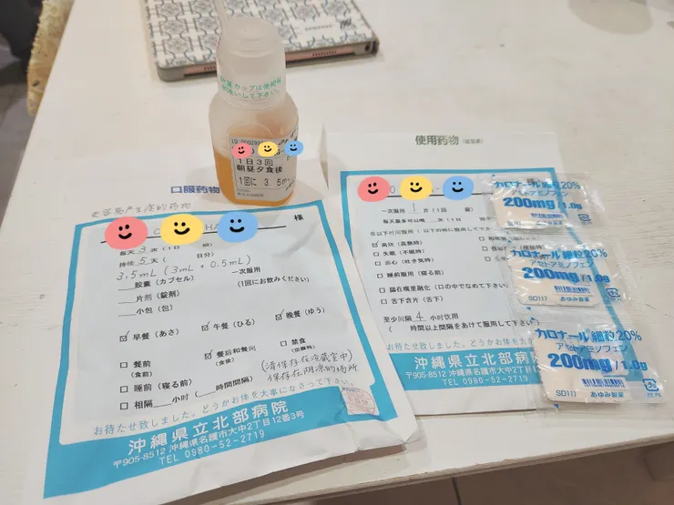 藥物的部分其實就是乙醯胺酚(安佳熱)和卡玻西典(咳舒坦)，藥袋上還貼心的寫了中文