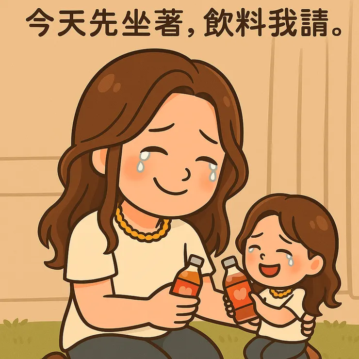 今天她沒有趕路，也不急著修正自己， 她只是靜靜地坐著，陪著那個一直陪她的小精靈， 一起喝一瓶童年果汁，讓心慢慢放鬆下來。 有些時候，不是要更努力， 而是要記得 —「今天先坐著，飲料我請。」  她低頭看著那個嘴巴還在碎念的小小她，心裡輕輕說： 「妳真的可以休息一下啦。 就算妳今天什麼都沒做， 我還是會喜歡妳的。」