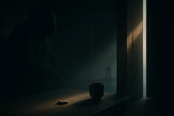 門縫斜落的光與遠處鐘影呼應；桌上杯與小釦安靜對位。節拍在別處完成第三聲，步伐在此刻落地。