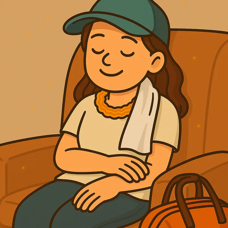 今天運動量爆表，回家一屁股坐在客廳椅子上就睡著，肩上還掛著毛巾，看起來像剛被撈上岸一樣狼狽。雖然累癱，但心裡偷偷笑著想—這份疲憊，就是我努力留下的印記呀。