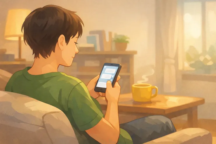 安靜的室內空間裡,有人放鬆地看著裝置,畫面內容保持模糊不可讀。