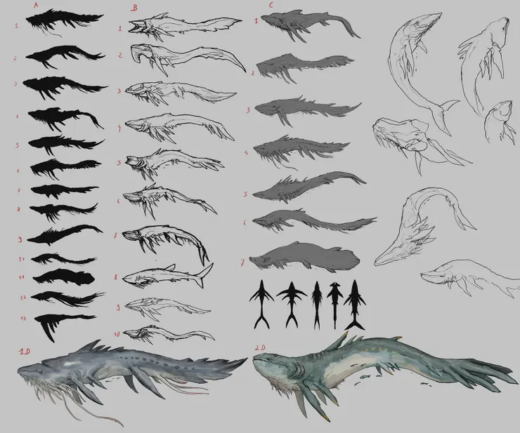 為了讓鯨魚看起來更神秘且震撼,團隊發想了各種視覺設計