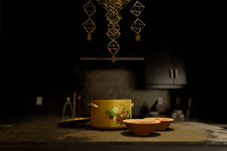 透過頭戴式顯示器，影像疊加在純白的桌椅牆櫃上，某些物件還可拾起、移動。（圖片來源：https://www.fragilehomexr.com/）