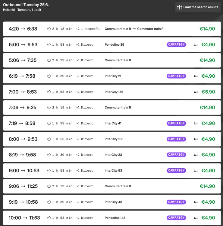 赫爾辛基到坦佩雷的火車票選項。圖片截自芬蘭國鐵VR網站。