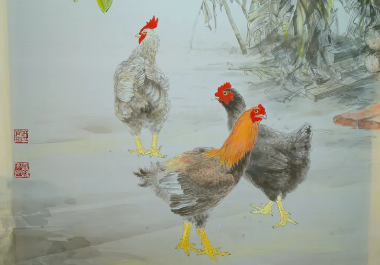 〈後院清晨〉局部－雞隻