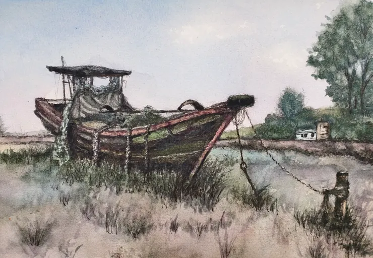 新湖破船，八開，代針筆+水彩。