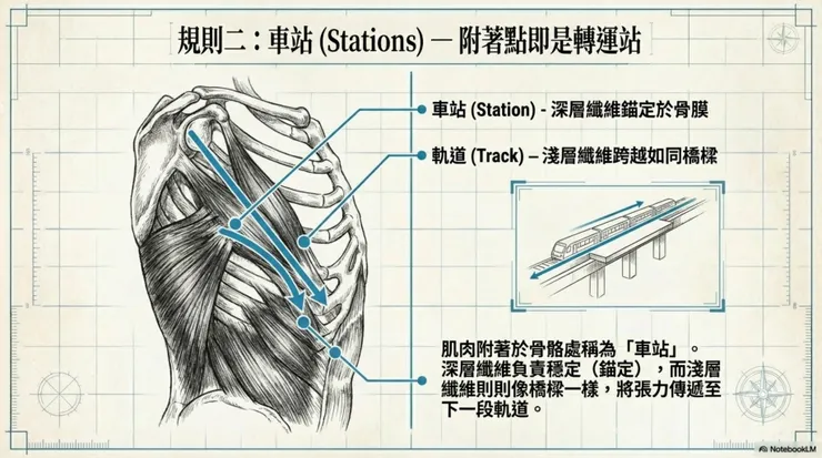 軌道固定於骨骼「車站」