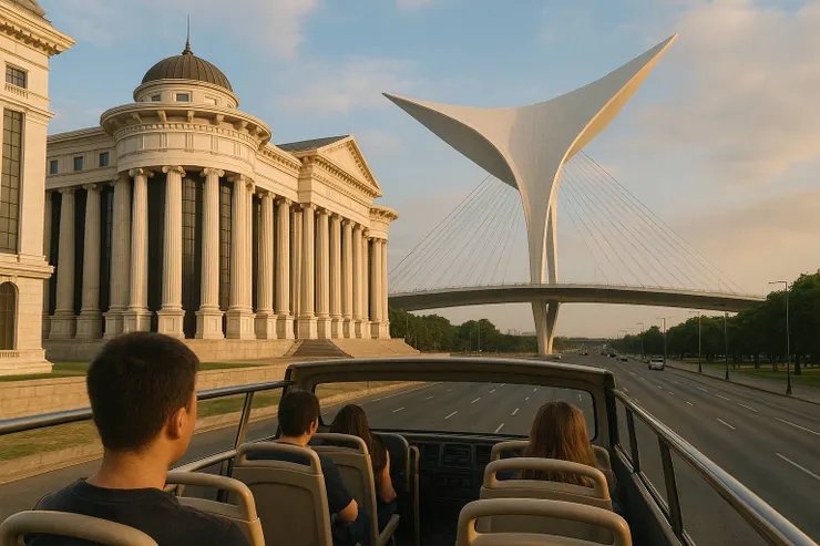 左側是希臘式柱議會廳、上方是巨大如滑翔翼般的頂罩，夢裡的頂罩更大些。- ChatGPT