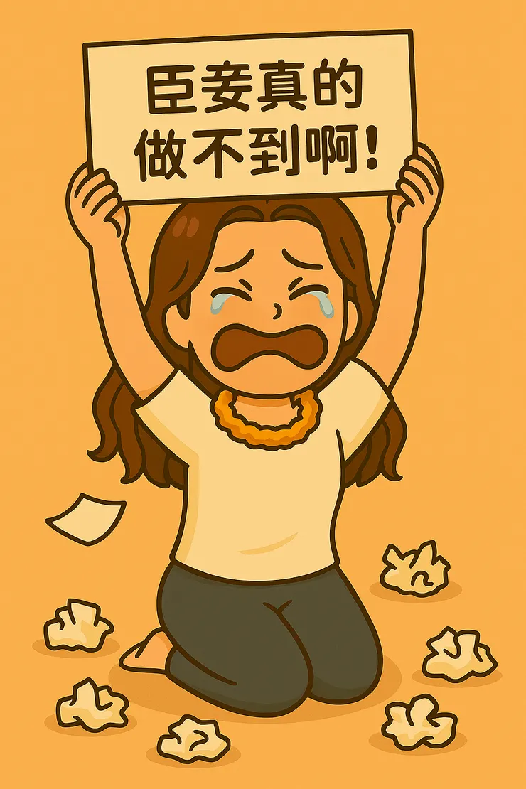 那時候的我,根本沒發現自己心裡的不安與恐懼才是問題來源。於是我拼命抓,想把一切都握在手裡。可越是這樣,我的心就越失控。 我還記得很多時候,我心裡都在拼命吶喊著—真的就像圖上寫的:『臣妾真的做不到啊!』😆 現在回頭看覺得超好笑,但老實說,當時的我幾乎每天都在哭泣啊~哈哈哈。