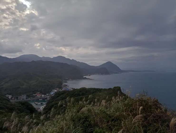 步道最高處，季節植物芒草茂密，可見到基隆嶼，和平島