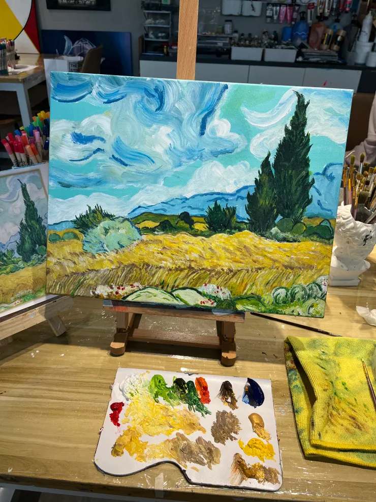 ↑ 第二、三堂課加深了柏樹與稻田，畫面開始變得有厚度了