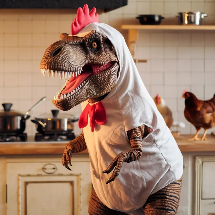 A photo of a T-Rex wearing a chicken costume. The T-Rex is standing in a kitchen with a counter and pots. There are also two chickens in the background. The lighting is warm.