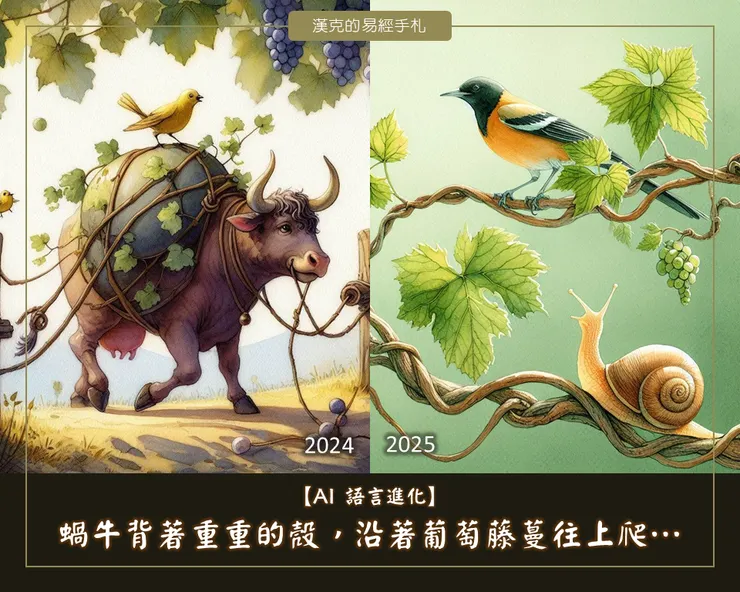 蝸牛與黃鸝鳥,從去年有趣的錯誤,看到 AI 閱讀能力的進步。 (漢克設計,AI生成圖)