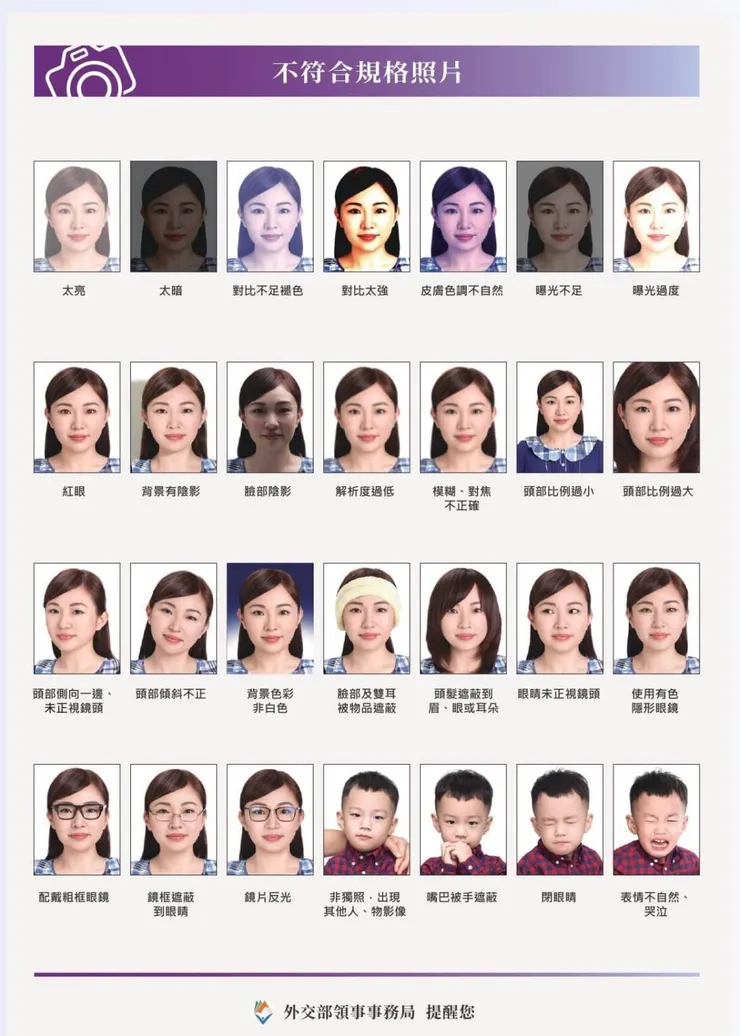 護照照片常見錯誤範例