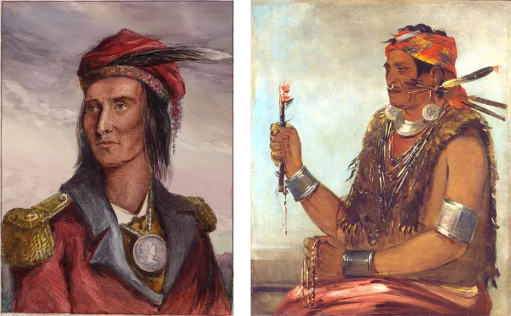 19世紀中期繪製的特庫姆塞（左）與騰斯夸塔威（右）肖像。