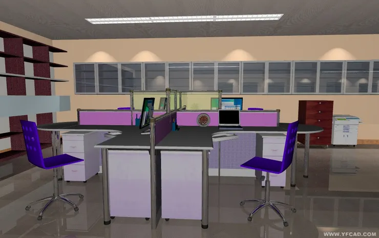 這組的辦公桌和椅子都是紫色。