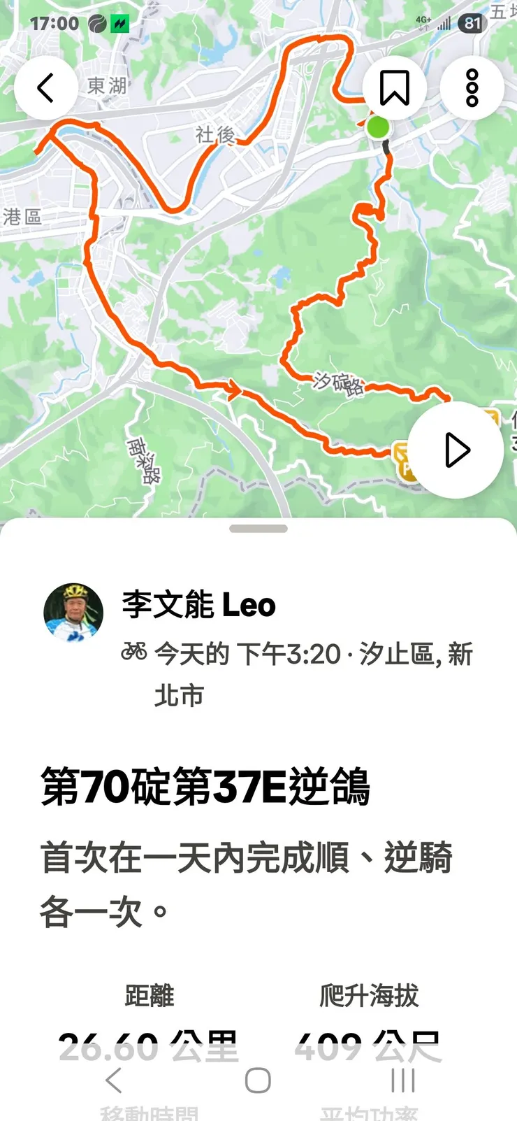 下午15:20自汐科出發 - 第70碇第37E逆鴿。