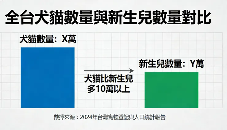 登記數超越新生兒：2023年，全台犬貓新登記總數已超越當年新生兒人數近10萬人，全國家貓飼養數已突破100萬隻，較前次調查增幅高達50%