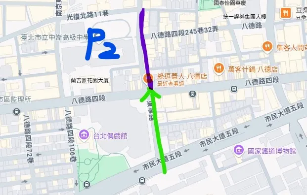 鐵博館北一門至左側小吃街(紫色區)路線示意圖