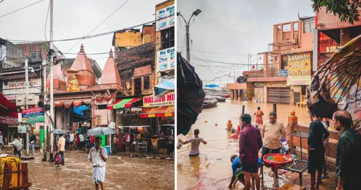 印度瓦拉納西雨季街景與恆河泛濫