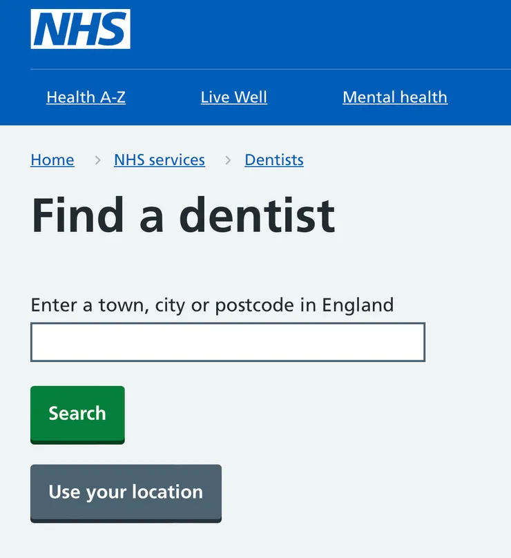 NHS Find a denist搜尋（Photo from NHS）