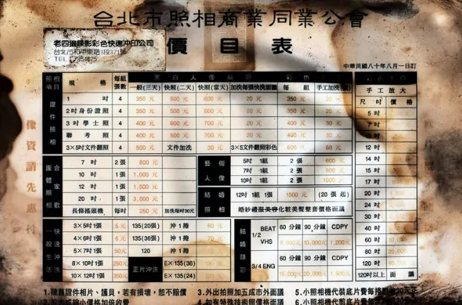 破舊的照相館價目表。