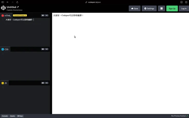 Codepen即時編譯了左方面板輸入的內容。