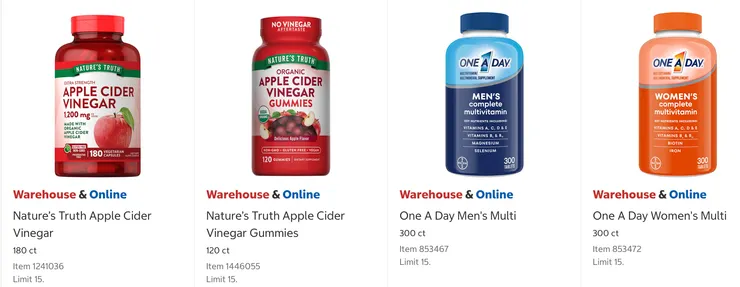 Nature's Truth 蘋果醋 $18.99、Nature's Truth 蘋果醋軟糖 $16.99、One A Day 男/女維他命 $19.99。
