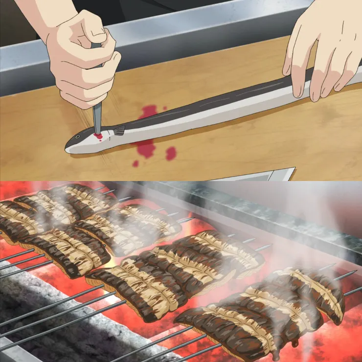 搖曳露營中處理+烹調鰻魚的畫面