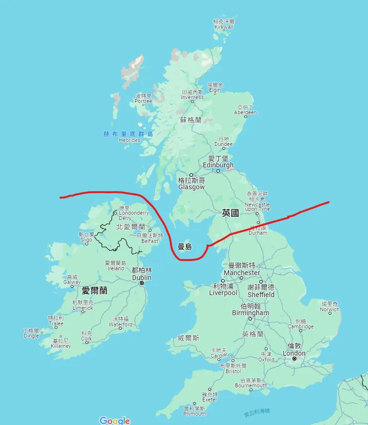 愛丁堡辦事處(紅線上方)及倫敦代表處(紅線下方)轄區示意圖