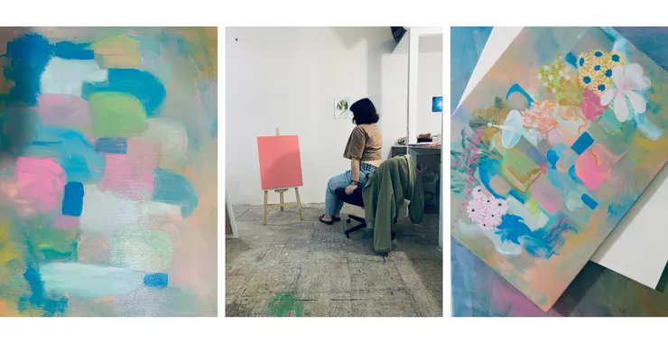 初步色塊的樣貌、面對粉紅色發呆的自己、以及漸漸找到細節的樣子