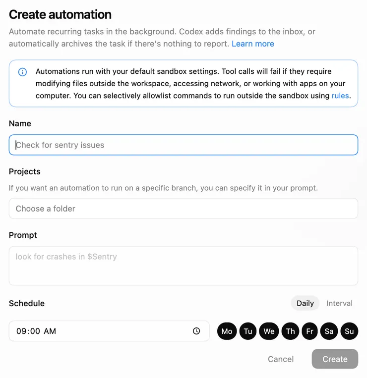 Codex 的 automation 頁面