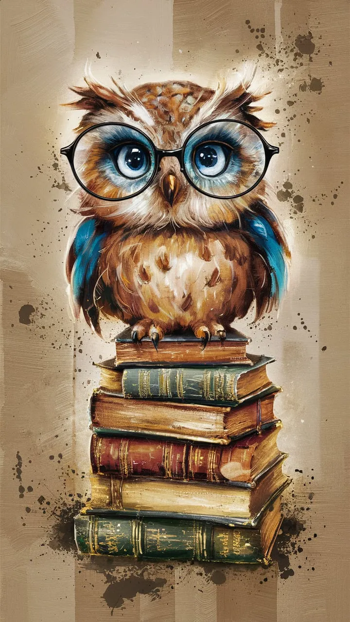 An owl with large, round, and expressive blue eyes, perched atop a stack of old, worn-out books. The owl appears to be peering intently through the glasses it's wearing. The background is a blend of neutral tones with splatters of paint, giving the artwork a rustic and whimsical feel., vibrant, painting