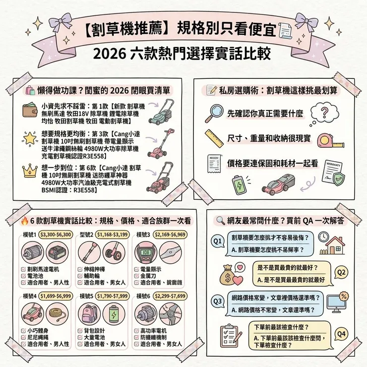 【割草機推薦】規格別只看便宜 🧾 2026 六款熱門選擇實話比較