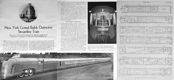 1936年鐵道時代關於紐約中央火車水星號的文章。該文章包含技術說明、列車內部和外部的描述以及所有 7 節車廂的平面圖。