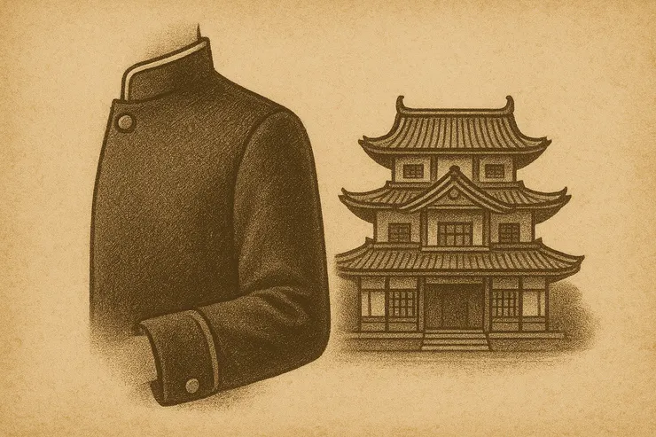 日本明治時期→帶立領的制服袖口、融合日式與西式的建築。〈此插圖由AI協助生成。〉