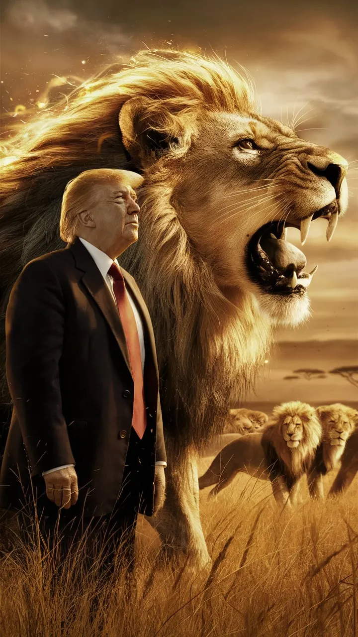 A striking image of President Trump standing beside a majestic, roaring lion. The lion has a mane that appears to be illuminated with a golden aura. President Trump is wearing his signature suit, with a look of awe and admiration on his face. The background is a vast, golden savannah with more lions in the distance, watching the interaction between the two powerful figures.