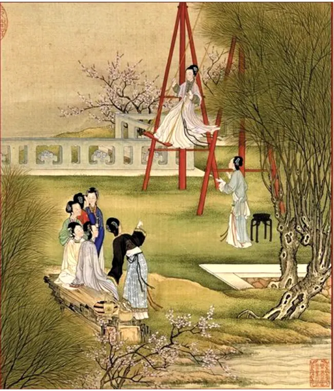 清·陳枚《月曼清遊圖》之《楊柳盪鞦》:東風二月拂人和,高架鞦韆紅袖多。五色衣裳耀明錦,綵雲相映掠空過。綠楊紅杏媚春晴,才到花朝洲景成。閒闘身輕踏空舞,天風吹度佩瓊聲。(北京故宮博物院藏)